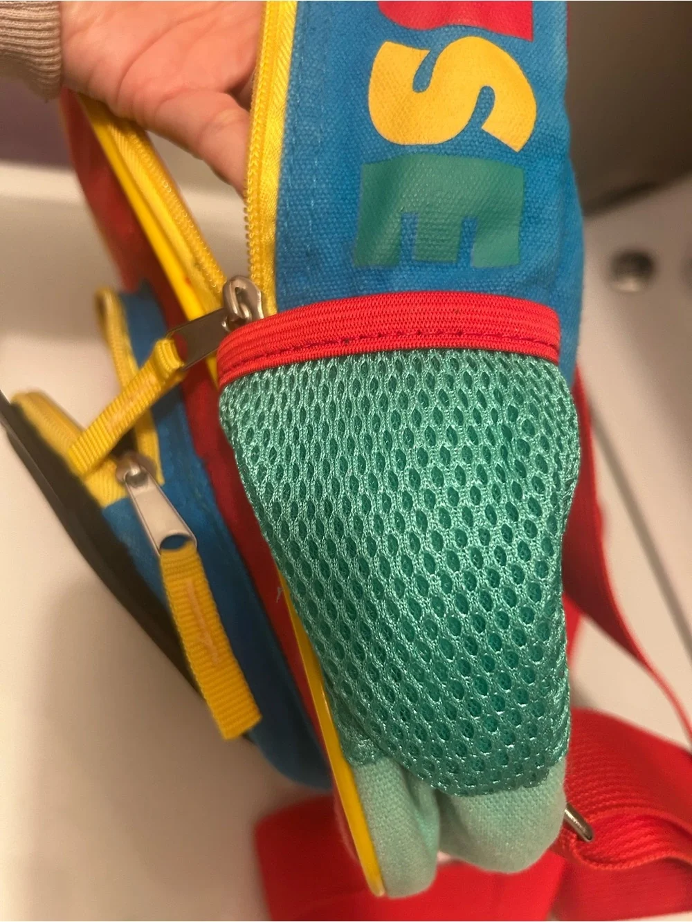 Disney Red Mickey Mouse Kids Backpack with Teal Pockets and Yellow Trim